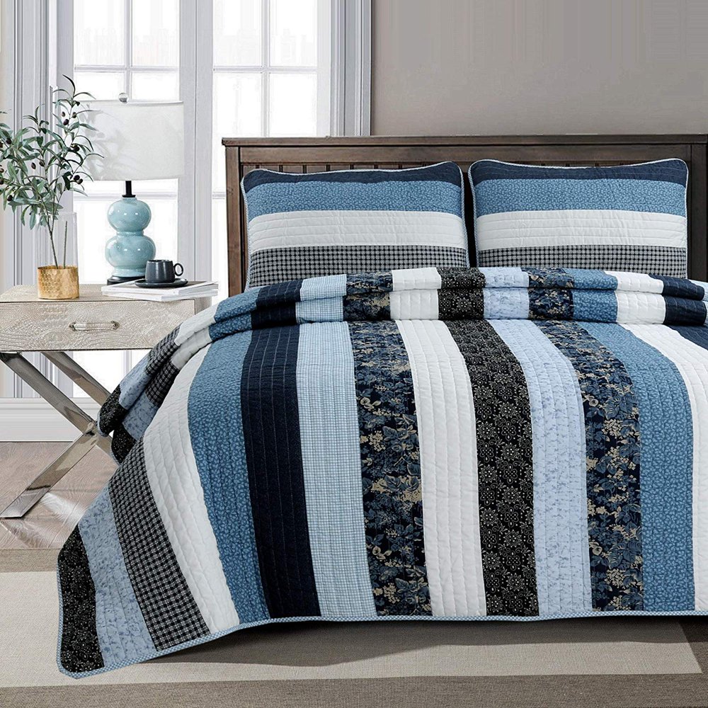 Cozy Line Kenzie Blue Stripe 100% Cotton Quilt Set, King Set - Walmart