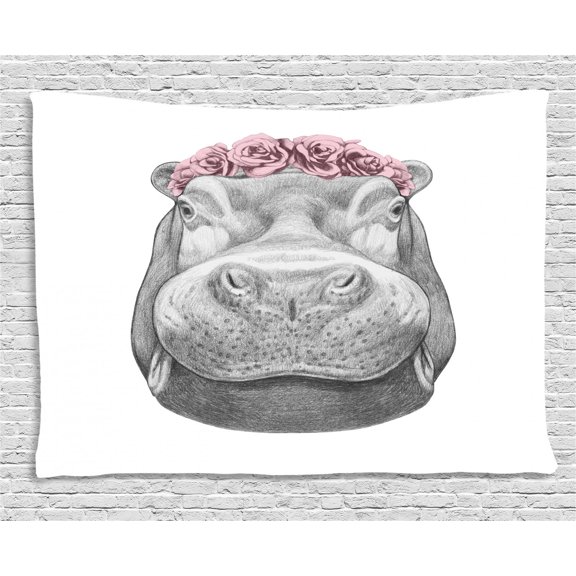 Hippo Tapestry, Pencil Hand-Drawn Style Animal Portrait with Floral Head Wreath, Wall Hanging for Bedroom Living Room Dorm Decor, 60W X 40L Inches, Grey Pale Grey and Pale Pink, by Ambesonne