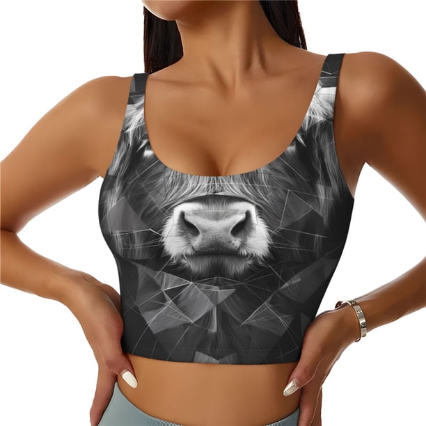 Fotbe Geometric Bull Design Sujetador Deportivo Largo sin Aros para Mujer con Almohadillas y Soporte Medio, Transpirable y Absorbente, Camiseta Tipo Chaleco o Tank Top-Large