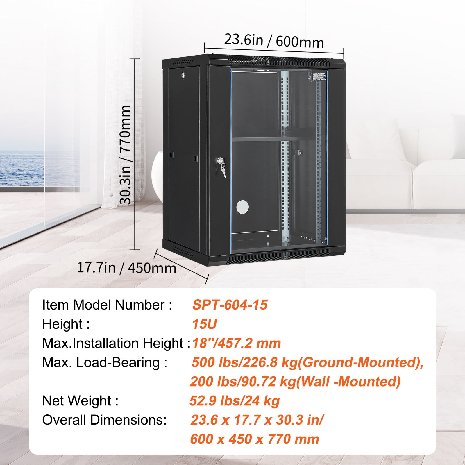 KFFKFF 15U Wall-Mounted Network Cabinet, 500 lbs Ground Load Capacity, Server Rack Enclosure with Lockable Tempered Glass Door, Removable Side Panels, Durable Q235 Carbon Steel