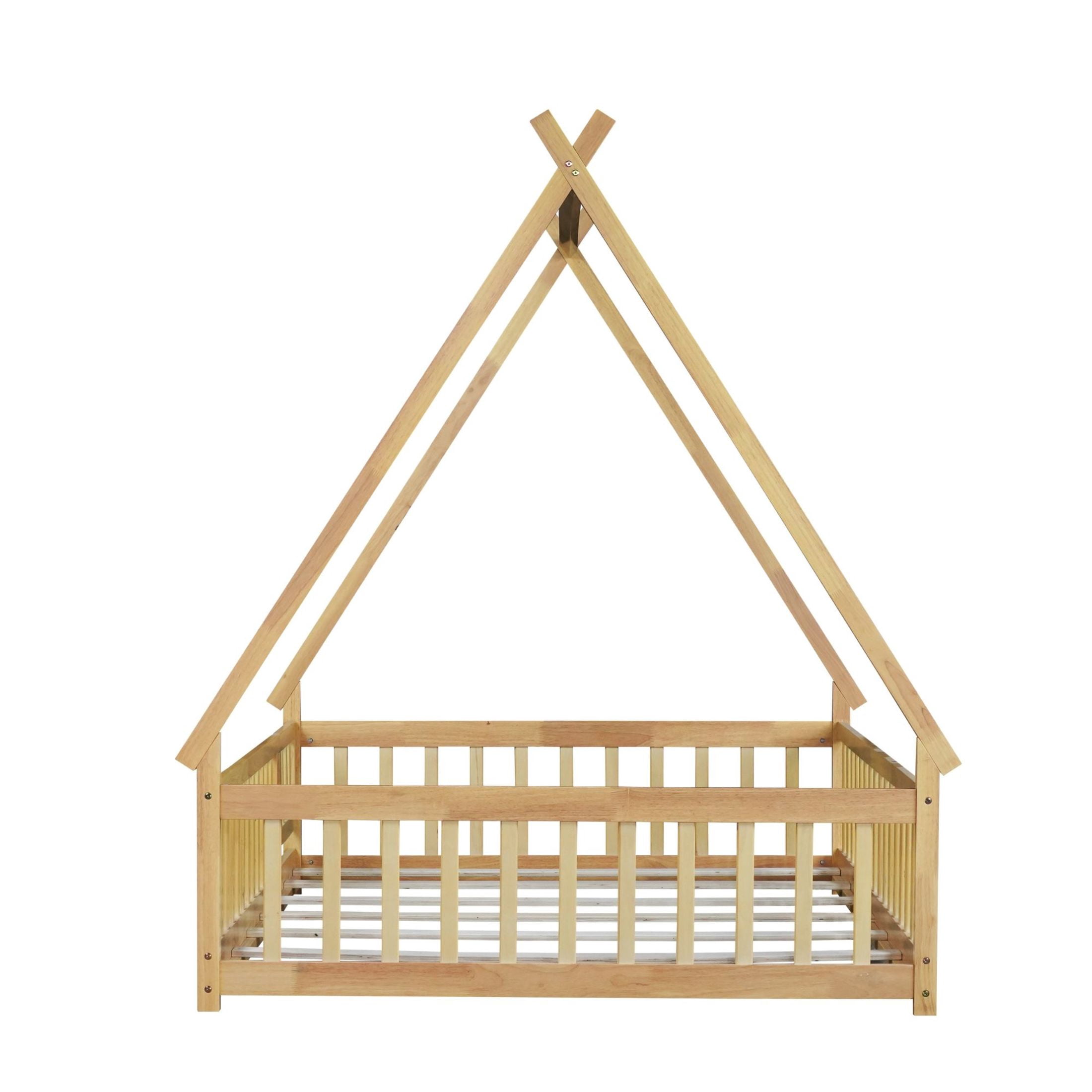 Noble House Misty Full Teepee Floor Bed with Safety Fence and Door, Solid Rubber Wood Tent Bed, Kid's Room, Natural