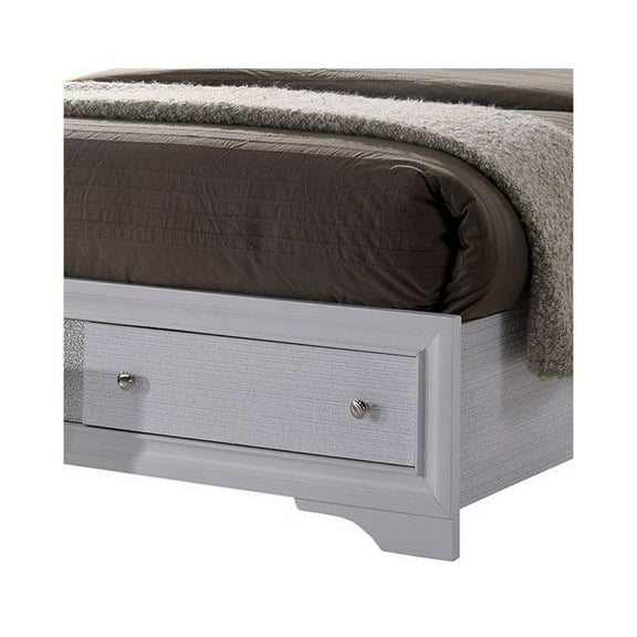Eastern King Bed with Drawers - White Panel Bed Frame, Silver Accents, Wooden Construction