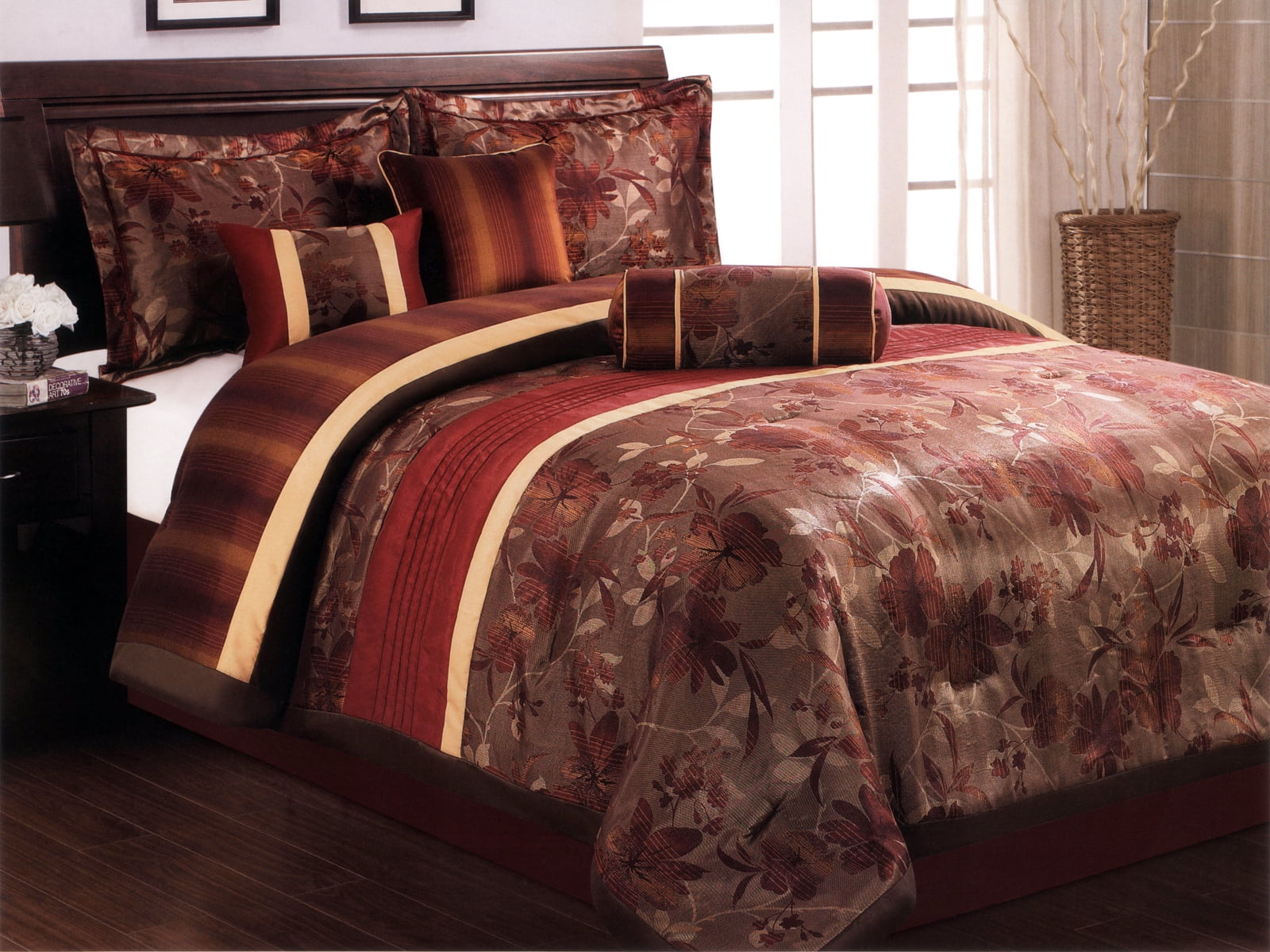 7 Pc Satin Jacquard Autumn  Fall  Floral Comforter  Set 