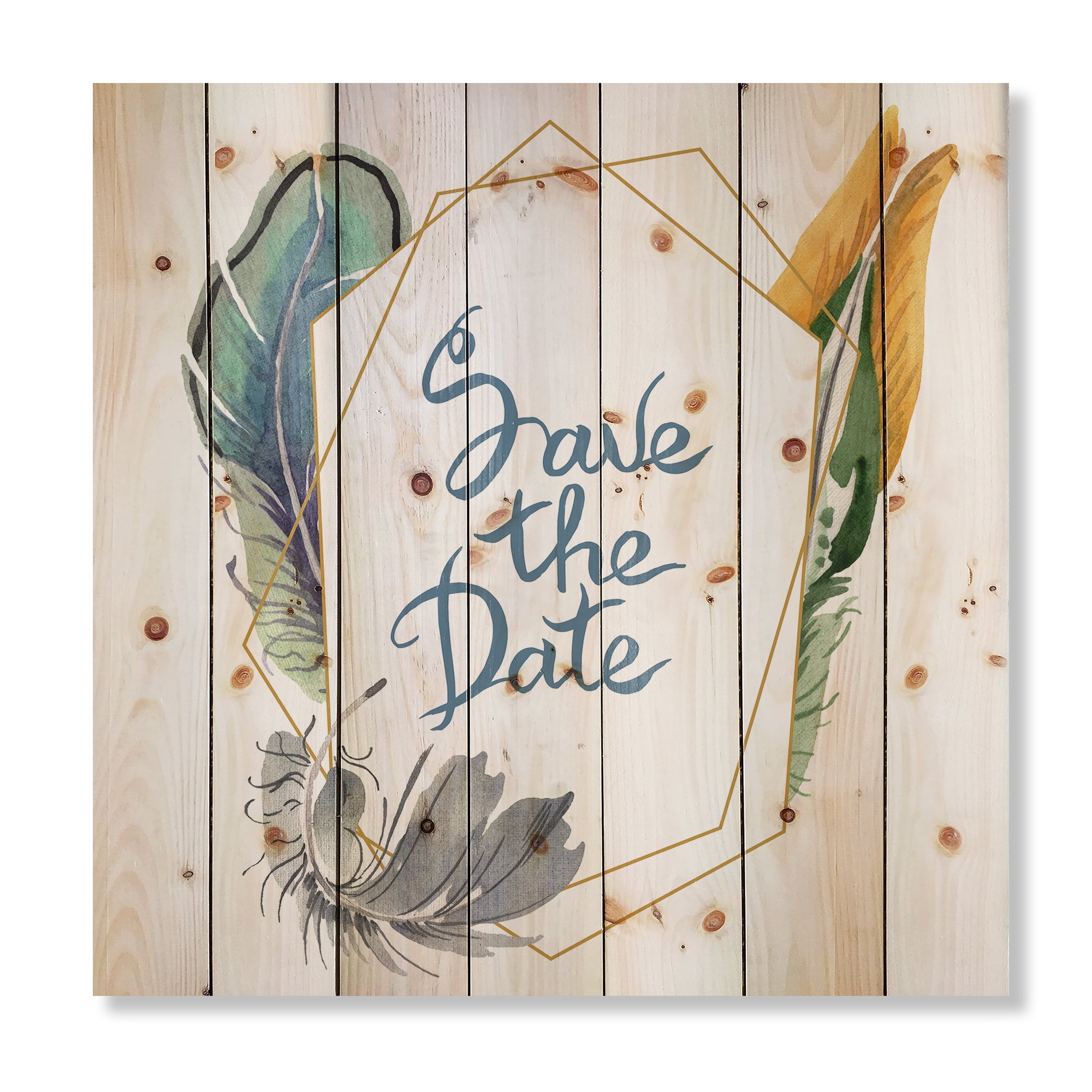 Designart 'Save The Date Bird Blue Feather' Bohemian & Eclectic Print on Natural Pine Wood