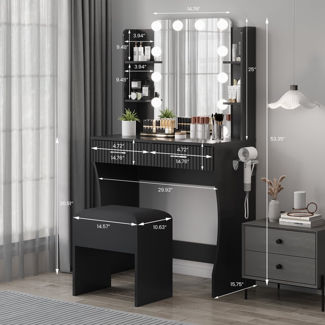 EDTara Bedroom Vanity Table, Modern Led Mirror With Three-Mode Lights, 2 Drawers, 6 Shelves, Power Outlet, and Stool