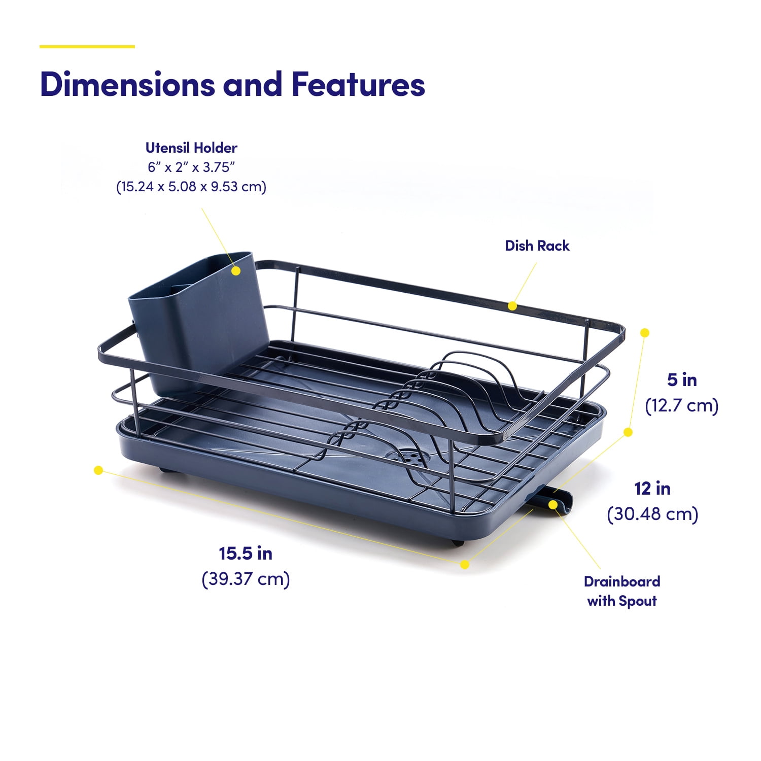 3-Piece Multi-Functional Dish Drying Rack with Drain Board & Utensil Holder, Navy Blue