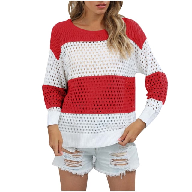 Yuyuzo Hauts Creux pour Femmes Col Rond Manches Longues Pull-Over Trou à Illets Bloc de Couleur Automne Hauts Décontractés