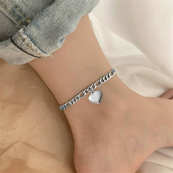 Figaro Chain Anklet 14K White Gold Heart Charm Leg Foot Chain Ankle Bracelet for Women Summer Beach Jewelry Gift