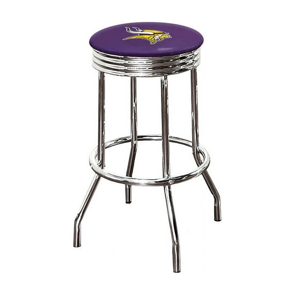 The Furniture King Bar Stool 29" Tall Backless Chrome Metal Stool Featuring Your Favorite Football Team Logo on a Colored Vinyl Swivel Seat Cushion Vikings on Purple