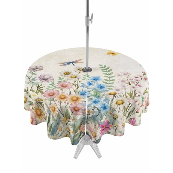 Outdoor Tablecloths with Umbrella Hole & Zipper, Colorful Floral Round Tablecloth 54 Inch, Farmhouse Vintage Dragonfly Butterfly Flower Waterproof Table Cloth, Patio/Pool/Picnic Table Covers