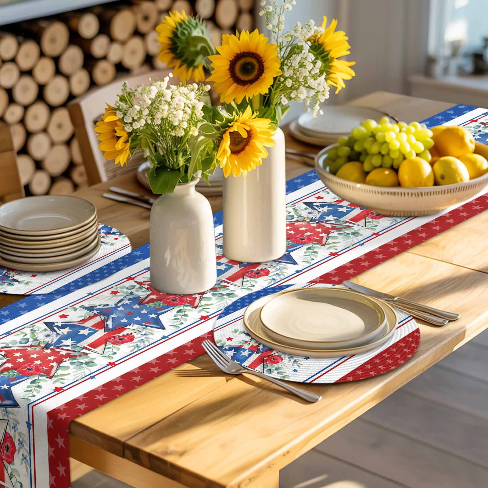 Red White Blue Patriotic Stars Round Table Placemats set of 6, Eucalyptus Leaves Poppy Washable Woven Place Mats for Dining Tables Kitchen Party Decor,Heat Proof, 15in,