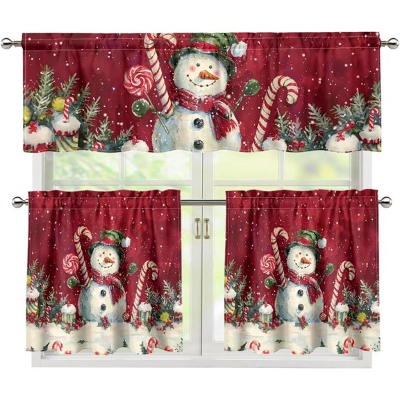 Christmas Red Snowman Kitchen Window Curtains Valance and Tier Set 3 Piece Sets Christmas Rod Pocket Short Curtains, Vintage Window Treatment for Bathroom Living Room Bedroom Decor