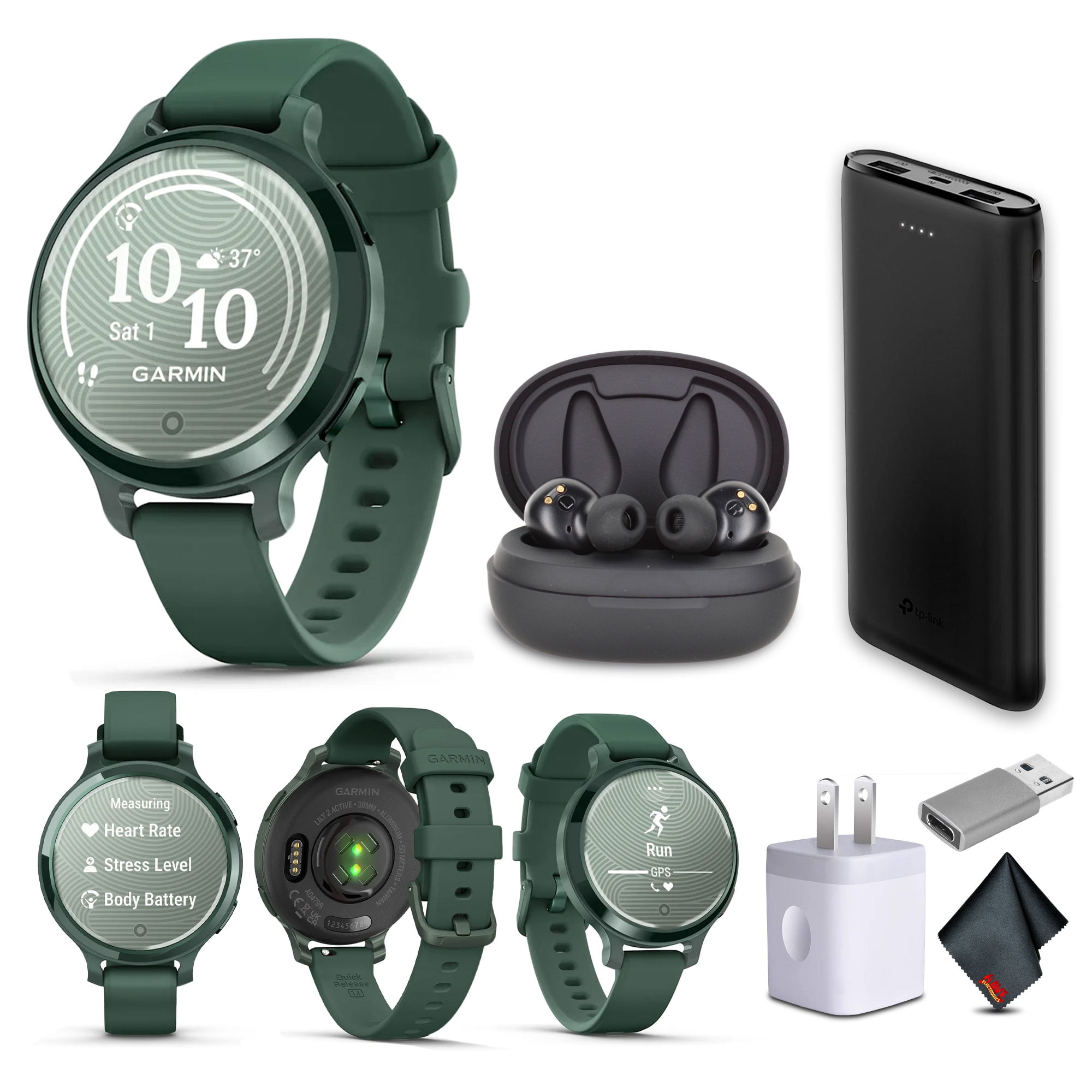 Garmin Lily 2 Active GPS Smartwatch, Jasper Green 010-02891-02 Fitness Smart Watch Earbud Bundle