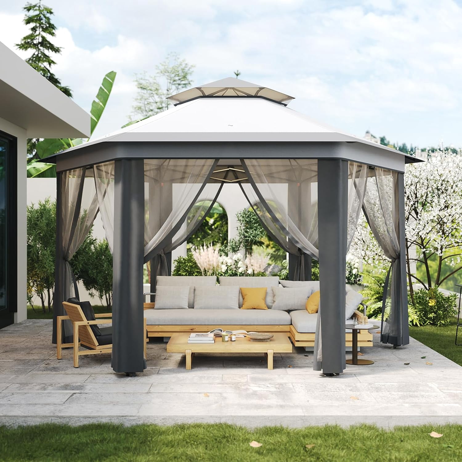 Ataucjin6.5 x 6.5ft, 6 Sided Outside Canopy Tent with Mosquito Netting, Small Outdoor Patio Gazebo Tent with Heavy Duty Steel Frame for Backyard Patio Garden Activities