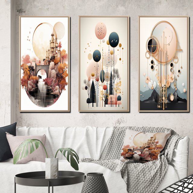 Designart "Boho Dreams Rose Gold Abstract Landscape" Abstract Landscape Framed Wall Art Set Of 3 - Pink Abstract Landscapes Frame Canvas Set For Living Room Decor