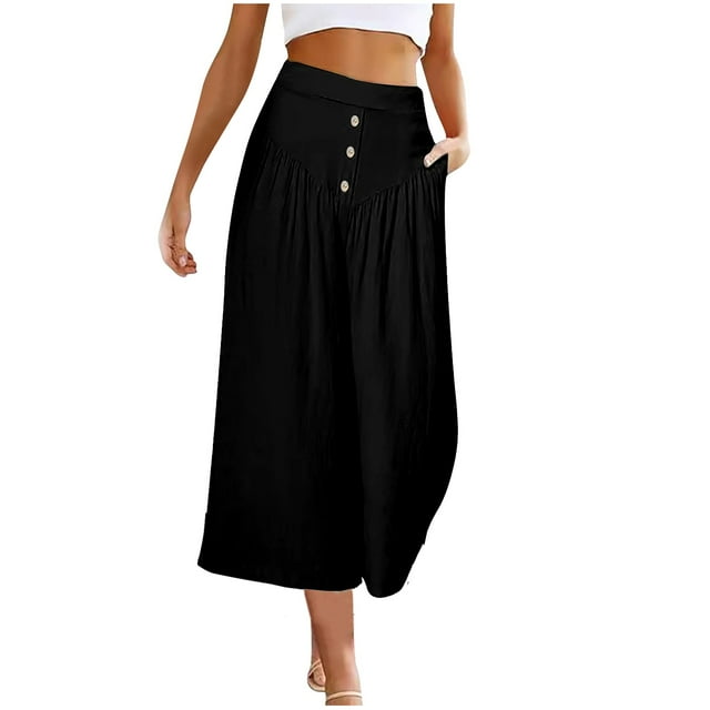 Timegard Crop Pants for Women High Waisted Button Wide Leg Summer Casual Loose Trouser with Pockets