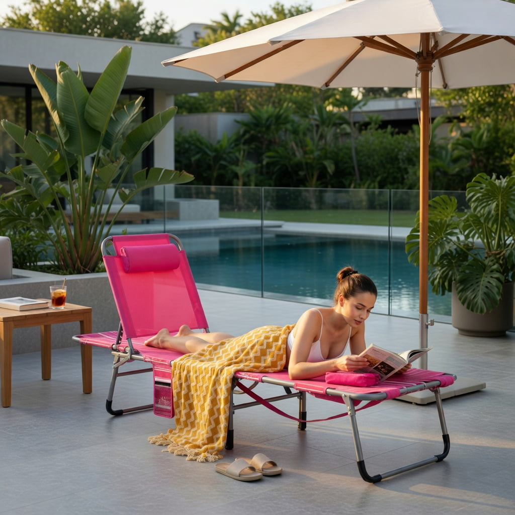 Hommoo 5-Position Adjustable Outdoor Folding Chaise Lounge Chair with Removable Pillow, Rose Pink