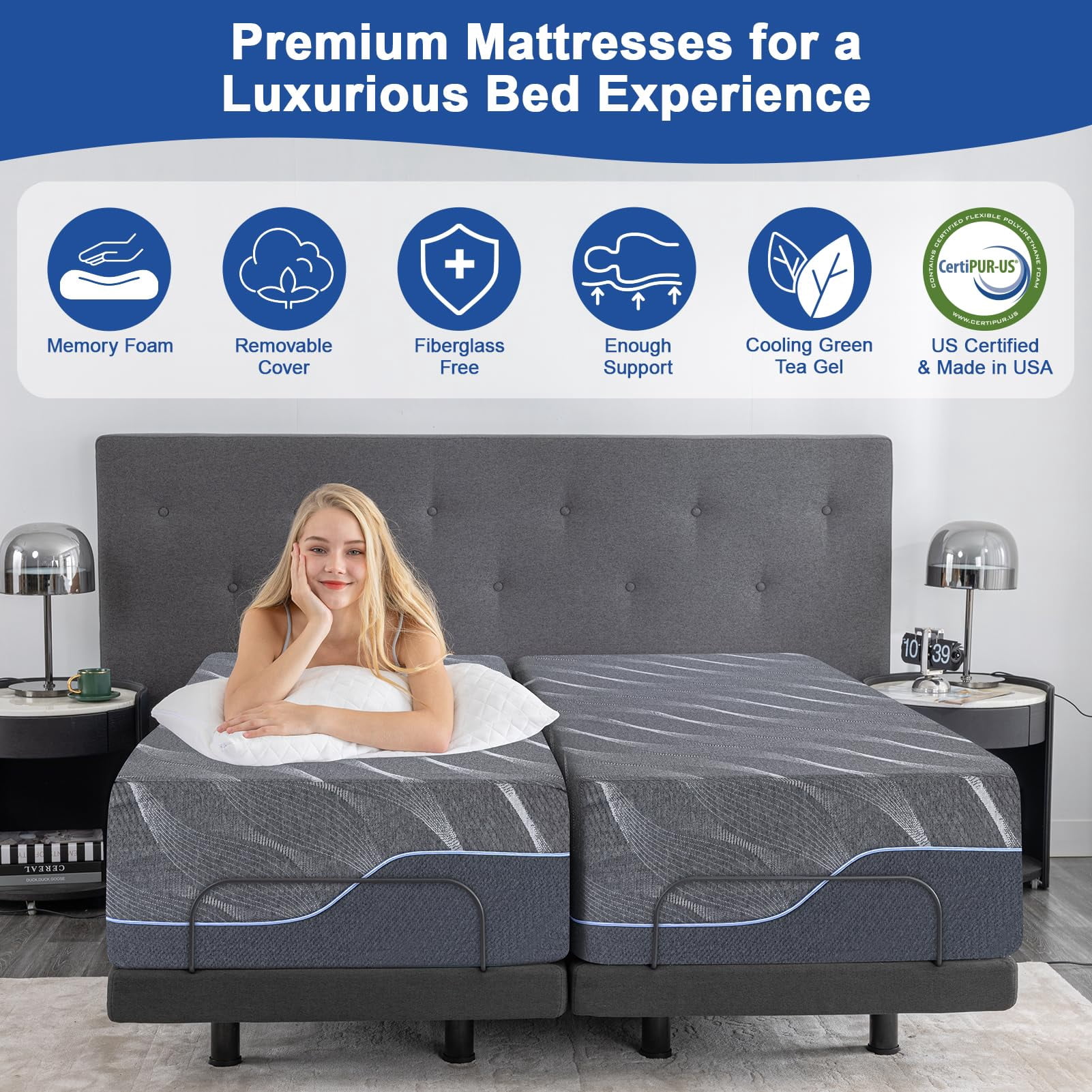 14" Twin XL Memory Foam Mattress, Dual-Sided Medium Firm Gel Mattress with Washable Cover, Fiberglass-Free, CertiPUR-US, Bed in a Box, Gray