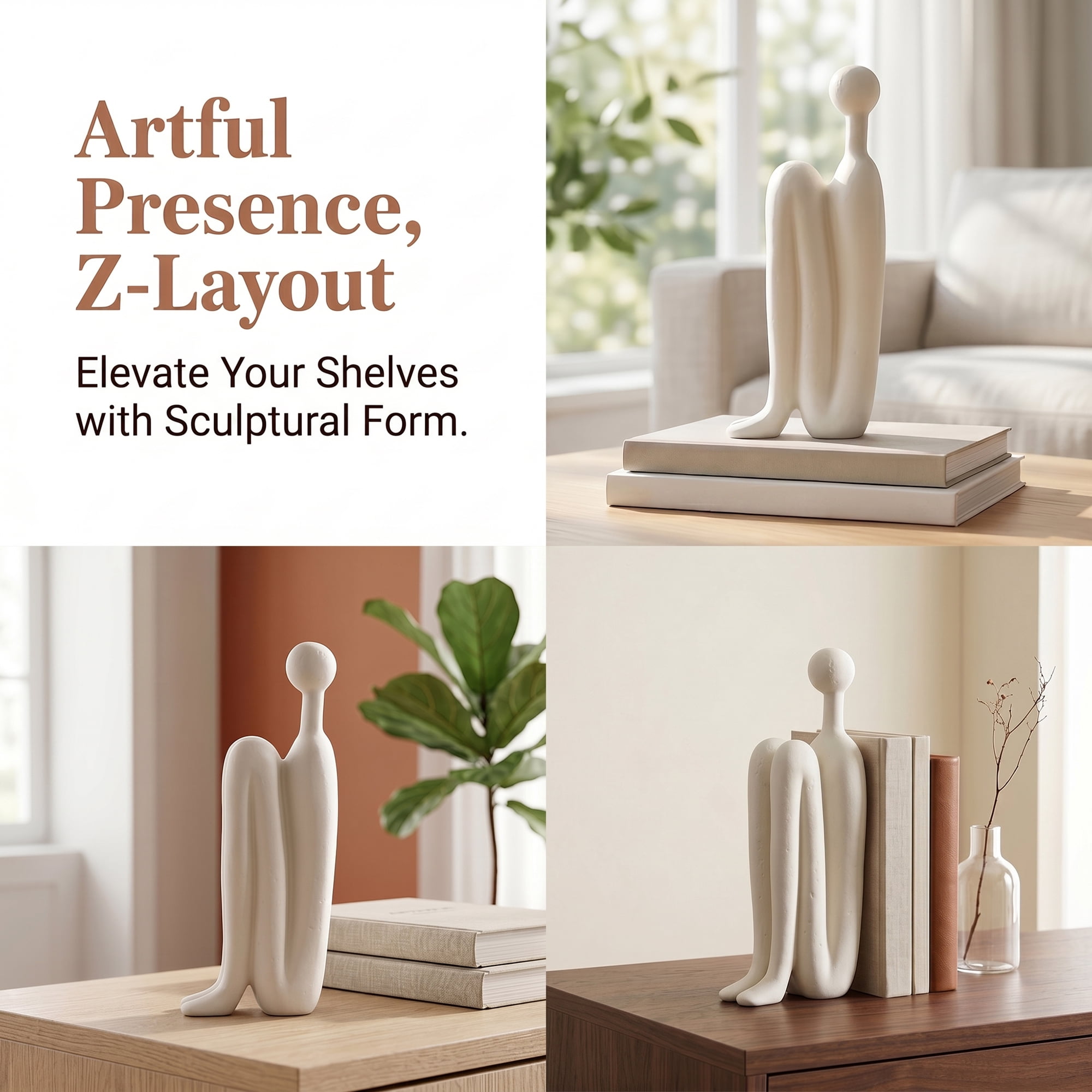 Unique Bargains Human Figure Bookends, Thinking Man Statue Decorative Book Ends Creamy White 4.3"x2"x11"