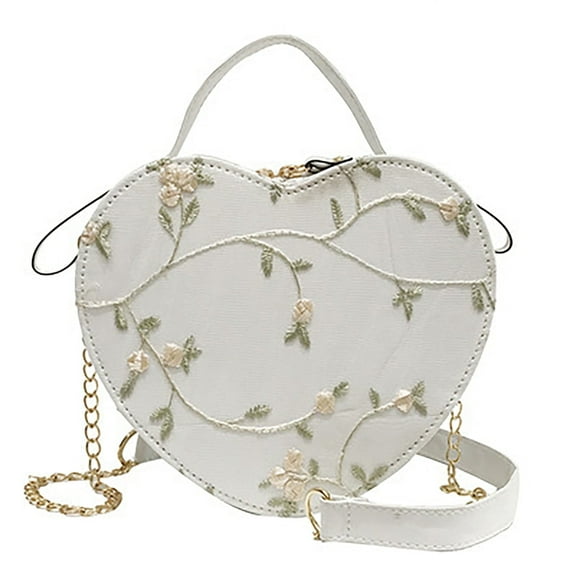 White Heart Shaped Shoulder Bag for Women, Lady Crossbody Purse Handbags,Travel Casual Bag with Flower Embroidery,Fashion Sling Bag with Zipper Closure,Gift