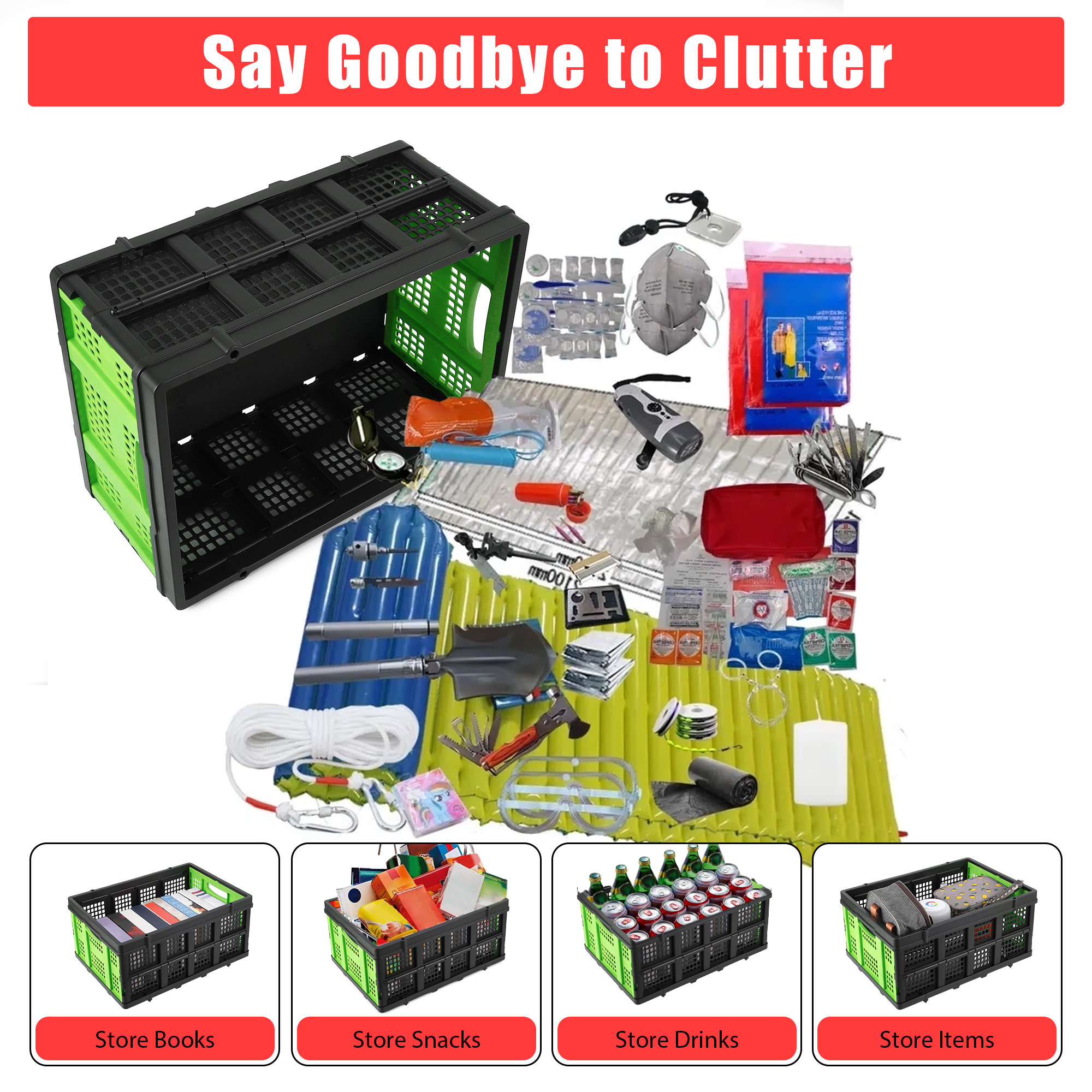 Heavy-Duty 55L Collapsible Stackable Storage Crate – Collapsible Plastic Organizer Bin with Handles – Multi-Purpose Utility Basket for Home, Kitchen, Office, Garage, Camping, Moving – Green