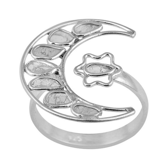 Mooneye 0.35 CTW Artisan Crafted Polki Diamond Moon Star Women Wedding Ring 925 Sterling Silver