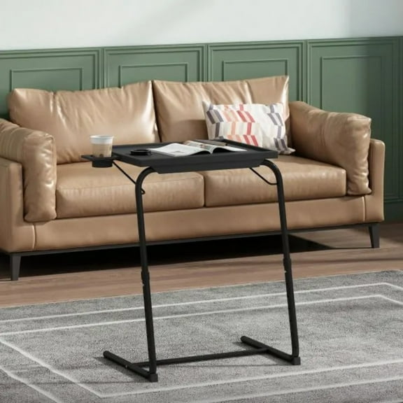 Adjustable TV Tray Table, HONEIER C-Shaped Side Table, TV Dinner Tray with 6 Heights & 3 Tilt Angles, Cup Holder, Folding Table on Couch & Bed Black