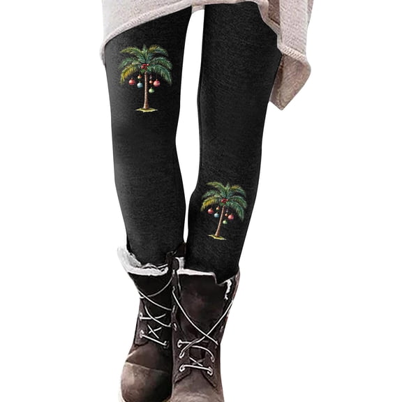 Mingw Women' Christmas Palm Tree Printed Bottoms Yoga pants Casual Thermal Activewear Running Pants Trousers,Black,XL