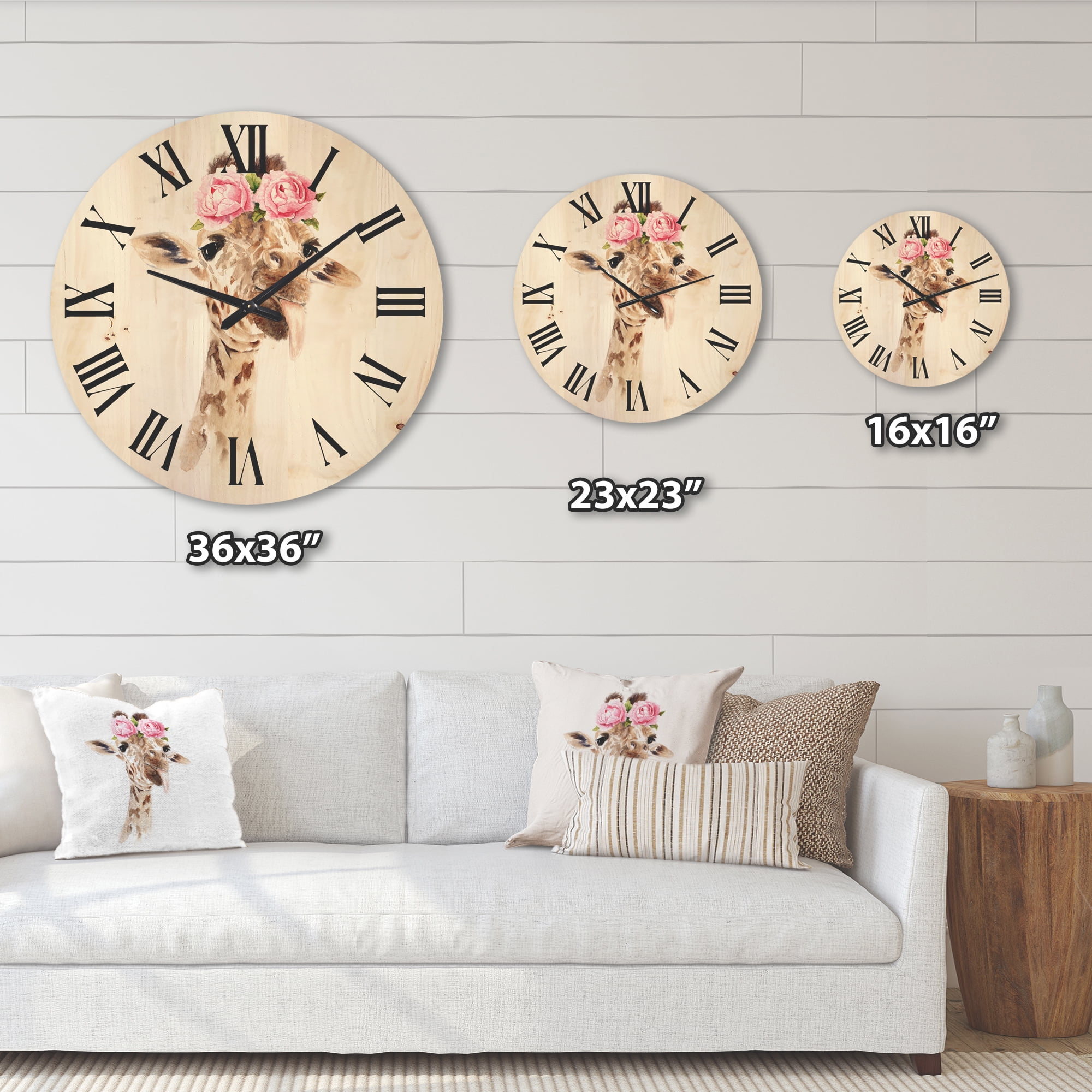 Designart 'Portrait of A Giraffe With Pink Flowers' Farmhouse Wood Wall Clock