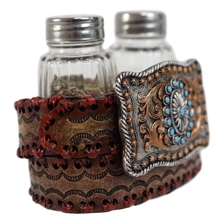 Western Turquoise Sun And Floral Lace On Belt Buckle Salt Pepper