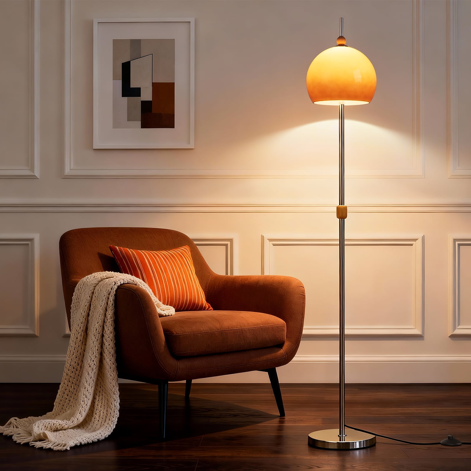SUNMORY Glass Floor Lamps for Living Room, Modern Floor Lamps with Glass Shade & Silver Base, Mid Century Tall Standing Lamps for Bedroom, Office, Dining Room, Reading Nook, Elegant Ambient Lighting