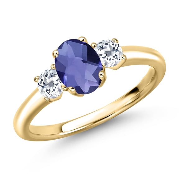 Gem Stone King 10K Yellow Gold Blue Iolite and White Topaz Engagement Ring for Women | 1.08 Cttw | Oval Checkerboard 7X5MM | Gemstone Birthstone | Size 5