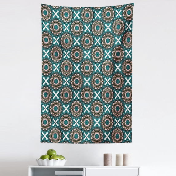 Ethnic Tapestry, Mandala Like Repeating Shapes Oriental Eastern on Pastel Backdrop, Fabric Wall Hanging Decor for Bedroom Living Room Dorm, 5 Sizes, Rose Teal and Dark Peach, by Ambesonne