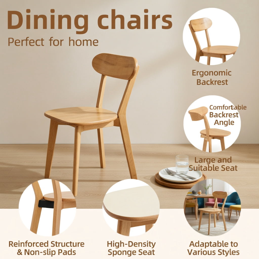 Hommoo 4 Pcs Mid Century Modern Solid Wood Dining Chairs, Ergonomic Curved Backrest, Adjustable Leveling Feet, for Dining Room, Kitchen & Living Room, Natural Wood