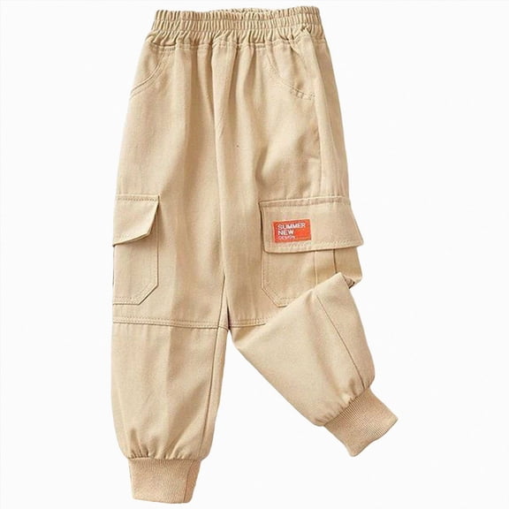 Hessimy Boys Joggers Cargo Pants with Pockets Elastic Waist School Casual Trousers(Khaki,9-10 Years)