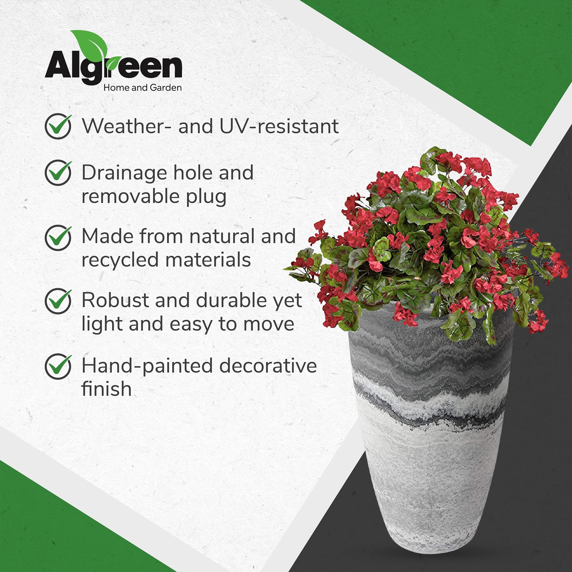 Algreen Acerra 12 x 20" Curved Patio Vase Garden Planter, Marble (2 Pack)