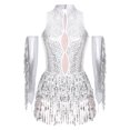 thumbnail image 1 of Eandarui Ensemble de Costume de Danse Jazz pour Femmes Justaucorps à Sequins avec Gants Robe de Bal Salsa Rumba de Danse de Salon Blanc TTG, 1 of 7
