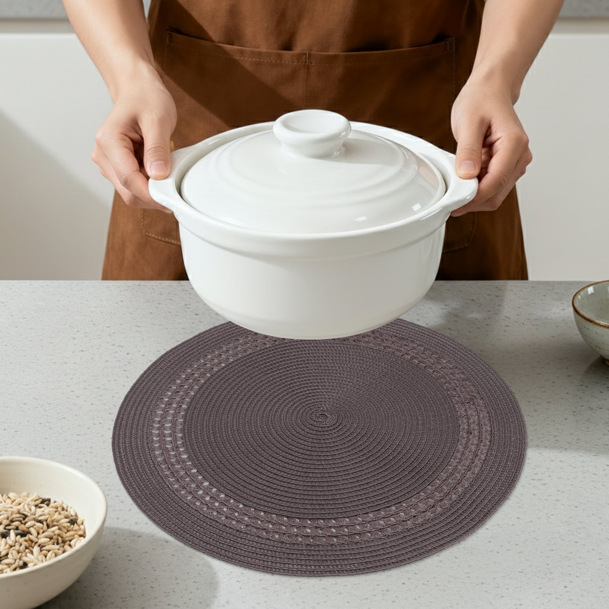 Unique Bargains Farmhouse Round Placemats Set of 6 Woven Placemats Caramel