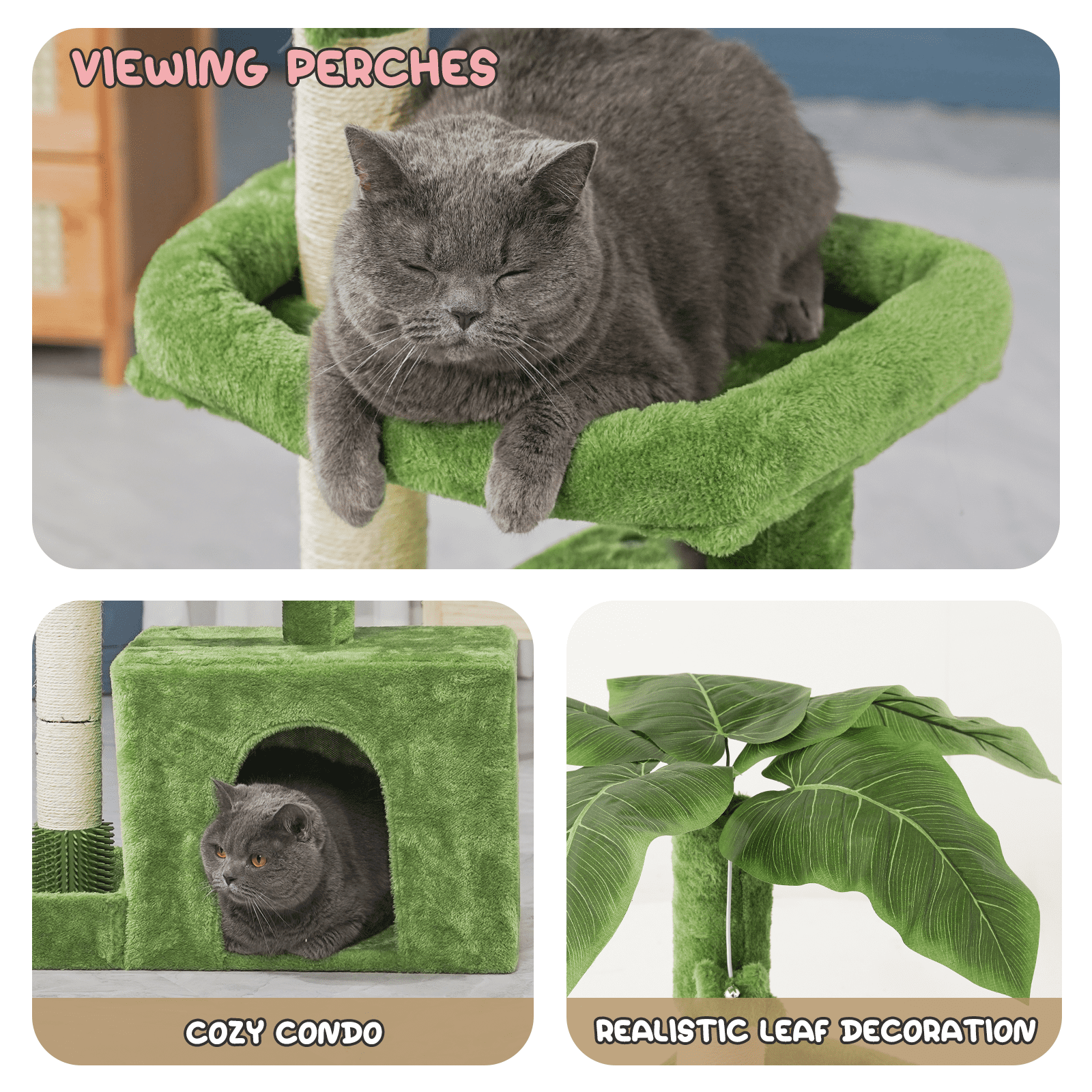 MoNiBloom Cat Tree with Green Leaves, 32 Inches Cat Tower with Scratching Posts, Cat House w/Cozy Condo, Perch and Fluffy Ball for Indoor Cats