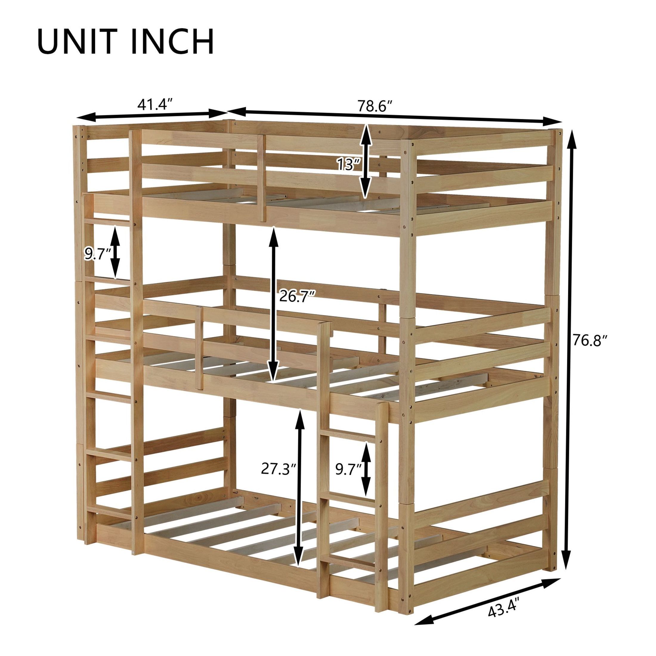 Noble House Shasha Triple Rubber Wood Bunk Bed, Convertible Twin over Twin over Twin with Guardrails and Ladders, White Oak
