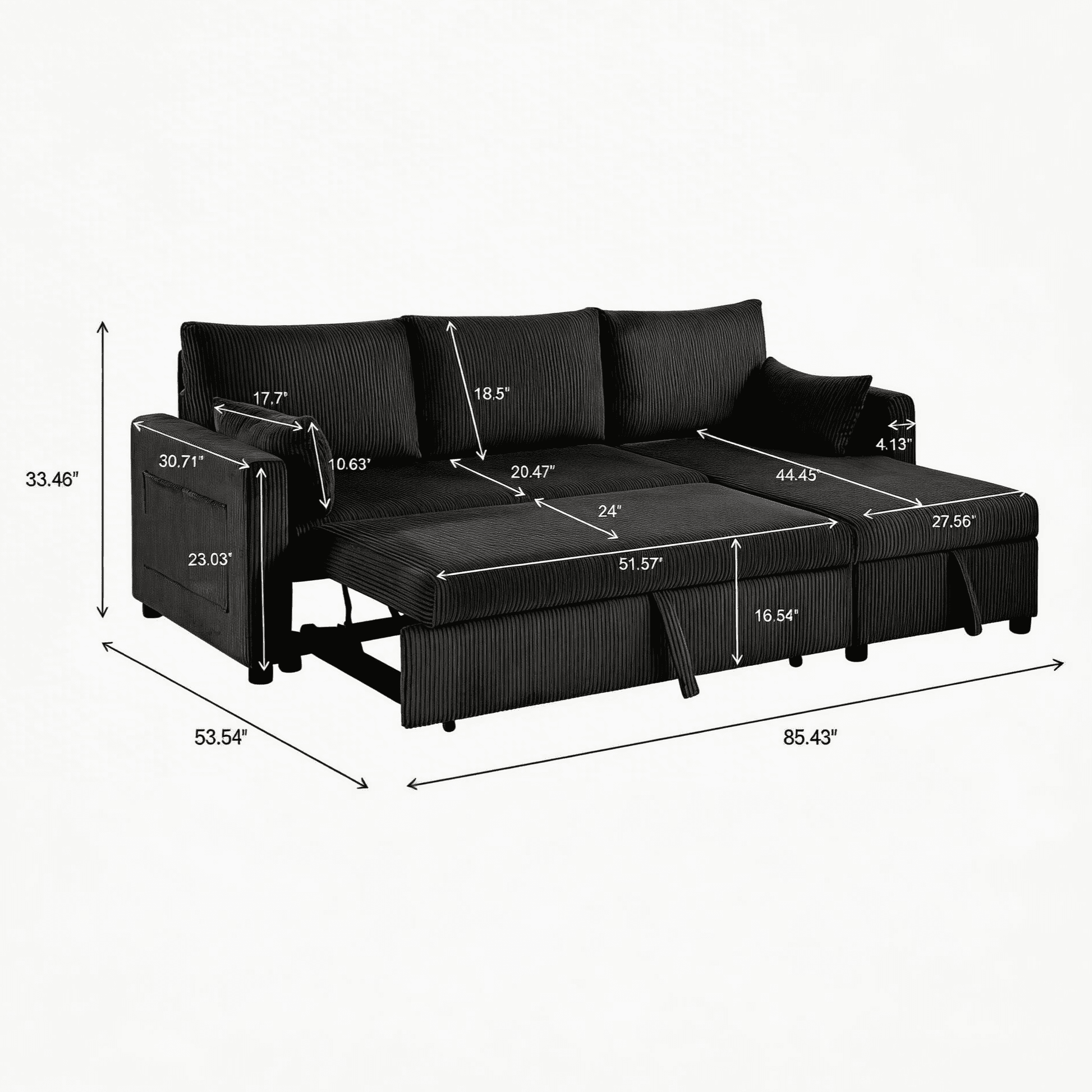BSHTI L-Shaped Pull Out Sleeper Sofa Bed with Storage Chaise – 3-Seater Convertible Corduroy Sectional Couch for Small Living Room, Apartment, or Office, Black