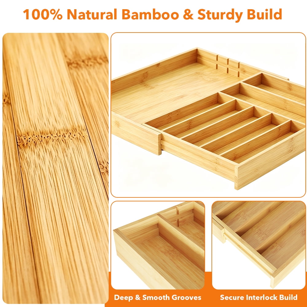 PLUMEBAY Bamboo Silverware Drawer Organizer with Labels, Expandable Kitchen Utensil Tray for Cutlery, Spoons and Knives, 10 Slot Drawer Organizer (Natural)