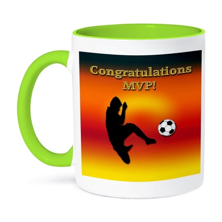 3dRose, Congratulations MVP, Most Valuable Player, Boy with Soccer Ball , 15oz Two-Tone Green Mug