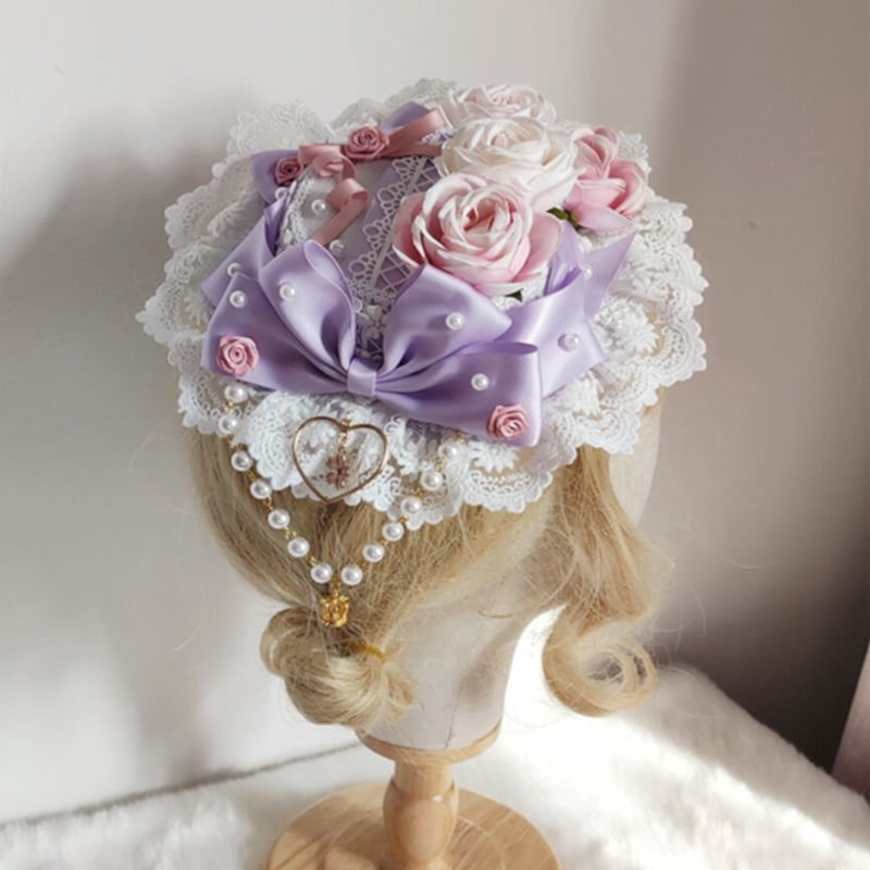 Japanese Lolita Sweet Lace Top Hat Pearl Beaded Bowknot Rose Flower Bonnet Flat Cap Vintage Steampunk Tea Party Hair Accessories