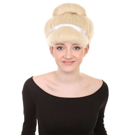 HPO Adult Women’s Classic Fairytale Princess Wig – Short Blonde Bob with Low Bun, Deluxe Cosplay Wig