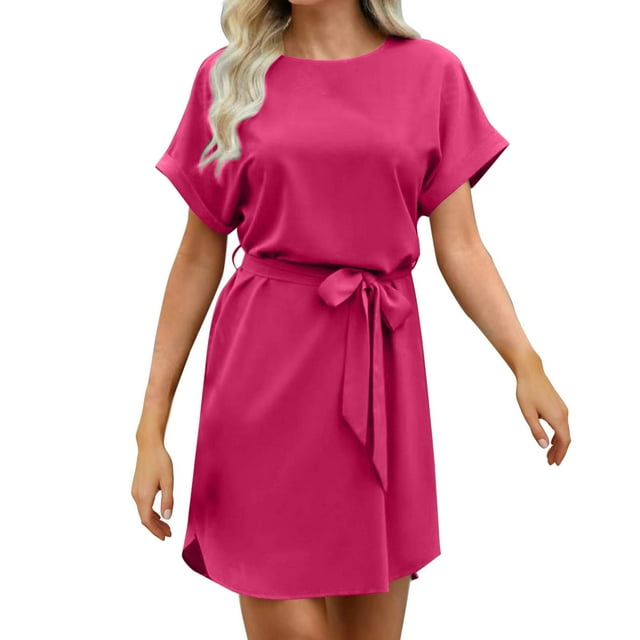 Offre Limitée Iumwxz Robe à Manches Courtes Col Rond pour Femme Ourlet Incurvé Tunique Robe Formelle avec Ceinture Robes Longues pour Femmes Robe Douce et Confortable pour Fête d'Anniversaire