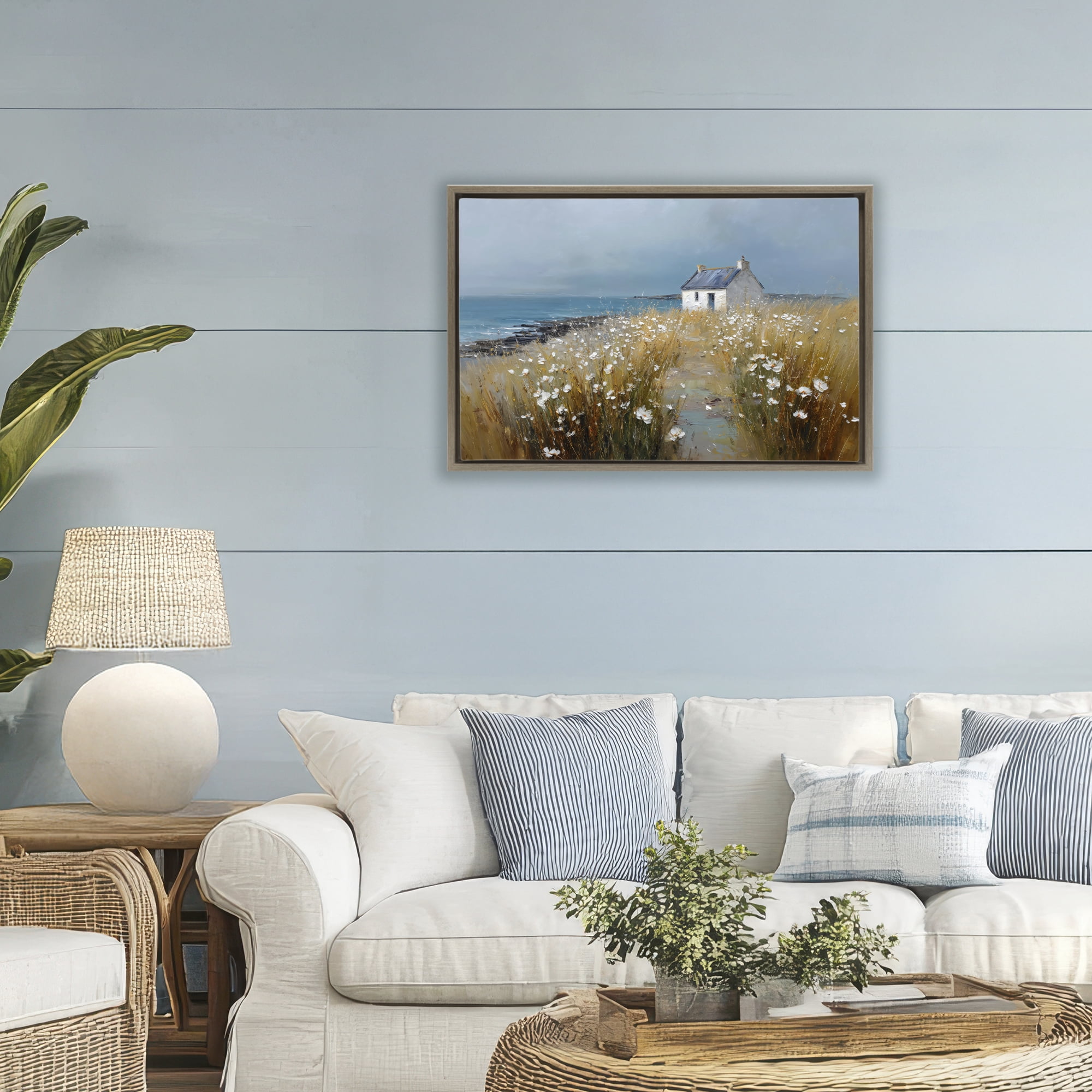 Stupell Industries Oceanfront Cottage Wildflowers Brown Framed Floater Canvas Wall Art, design by Petal Prints Design