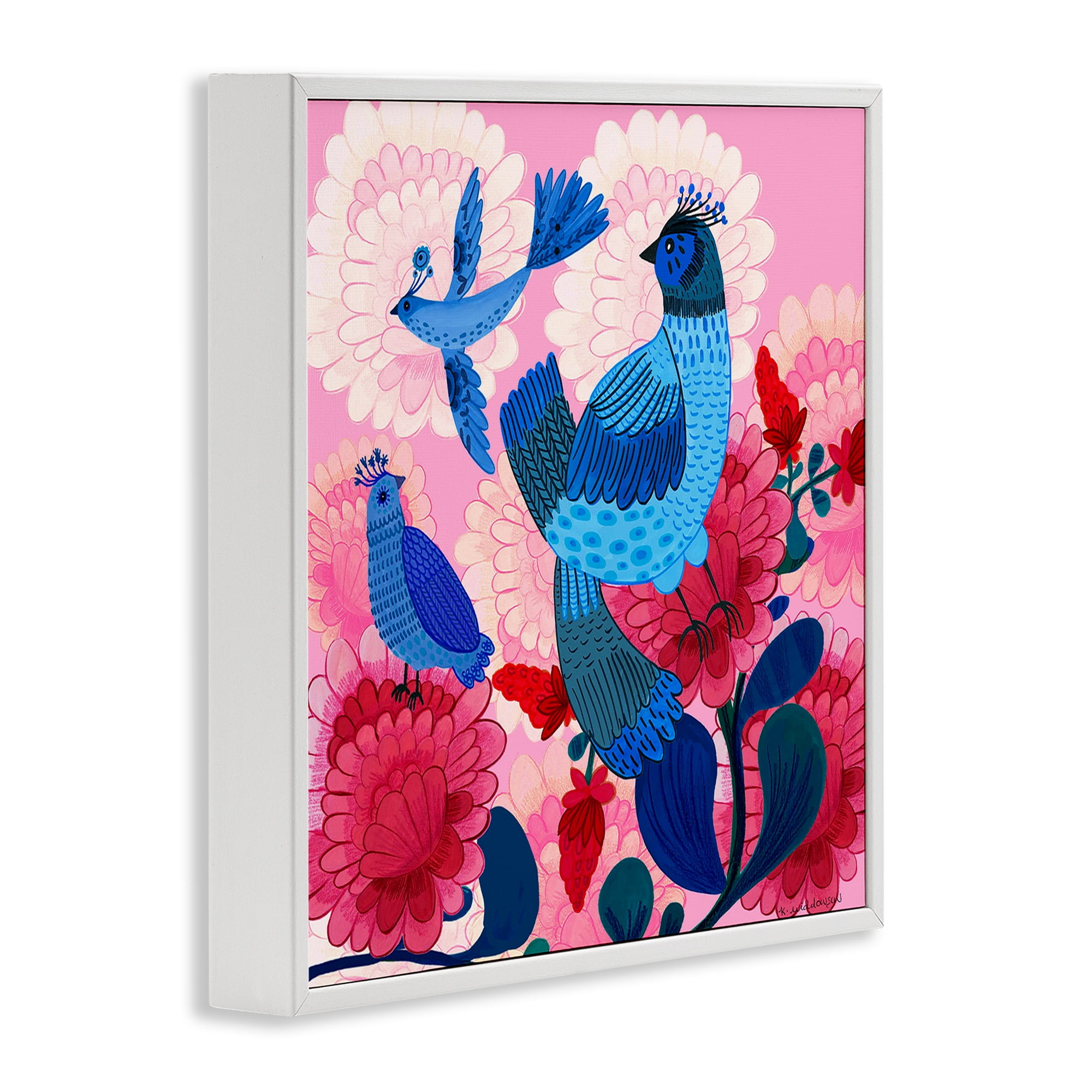 Stupell Industries Folk Birds on Dahlias Animals Painting White Framed Art Print Wall Art, 12 x 12