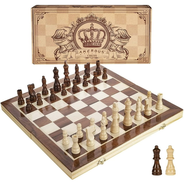 15 Inches Magnetic Wooden Chess Set - 2 Extra Queens - Folding Board - Pieces Storage Slots, Handmade Portable Travel Chess Game - Beginner Chess Set for Kids, 6 up Age