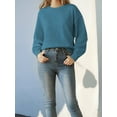 thumbnail image 5 of Women Striped Sweater Long Sleeve Fall Round Neck Pullover Knit Tops Cute Casual Oversized Y2K Clothes Solid Haze Blue L, 5 of 9